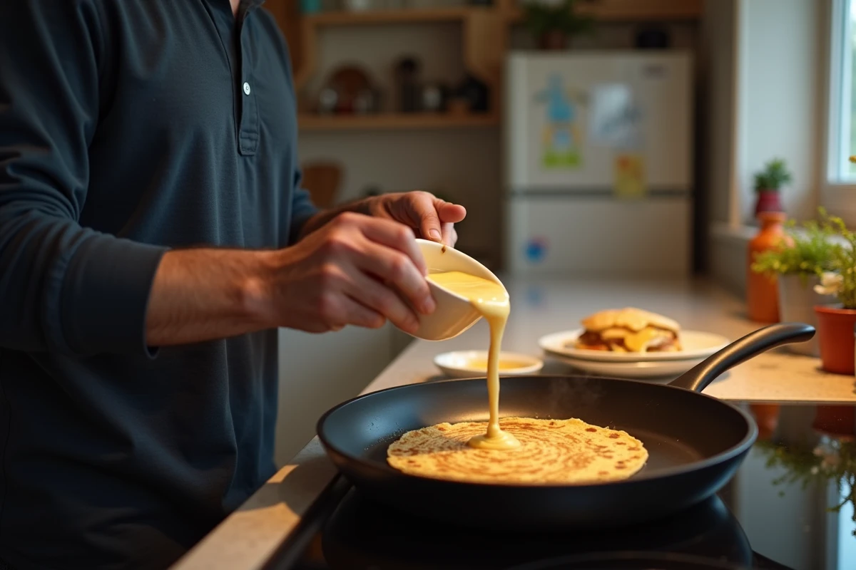 Homme cuisinant des crêpes rapidement en semaine grâce à une pâte décongelée, avec une crêpe dorée déjà prête dans l'assiette