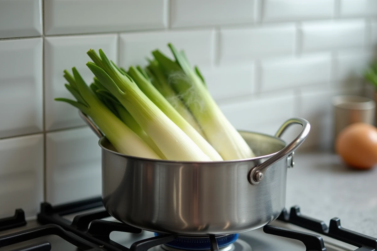 Cuisson vapeur d'endives entières dans une casserole en inox sur une cuisinière moderne