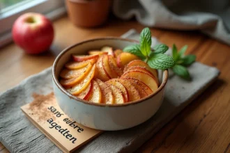 Dessert léger aux pommes cuites sans sucre ajouté dans un bol en céramique rustique, idéal pour les diabétiques