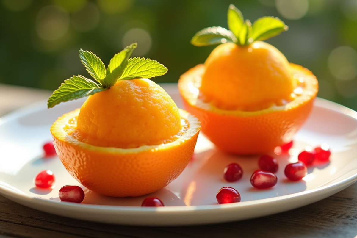 Sorbet d orange dans des moitiés d orange avec menthe et grenade