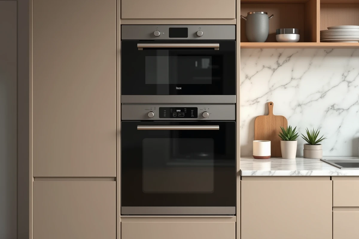 Détail d'un four et micro-ondes encastrables IKEA intégrés dans une colonne de meubles greige, finition flush et alignement parfait