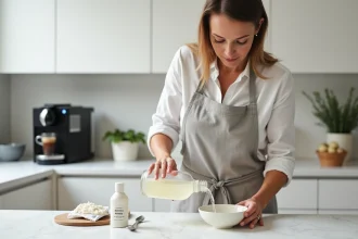 Femme versant du vinaigre blanc dans un bol en céramique pour détartrer une machine Nespresso Magimix de façon écologique