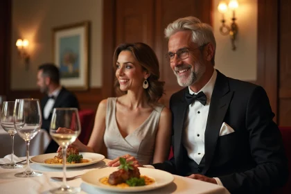 Couple en soirée élégante dans un restaurant français