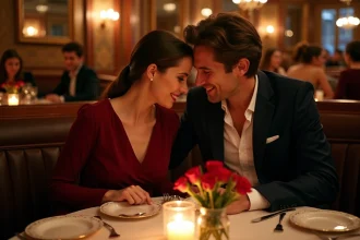 Couple en train de dîner romantiquement au Bistrot Paul Bert à Paris pour la Saint-Valentin, table dressée avec nappe blanche et roses rouges