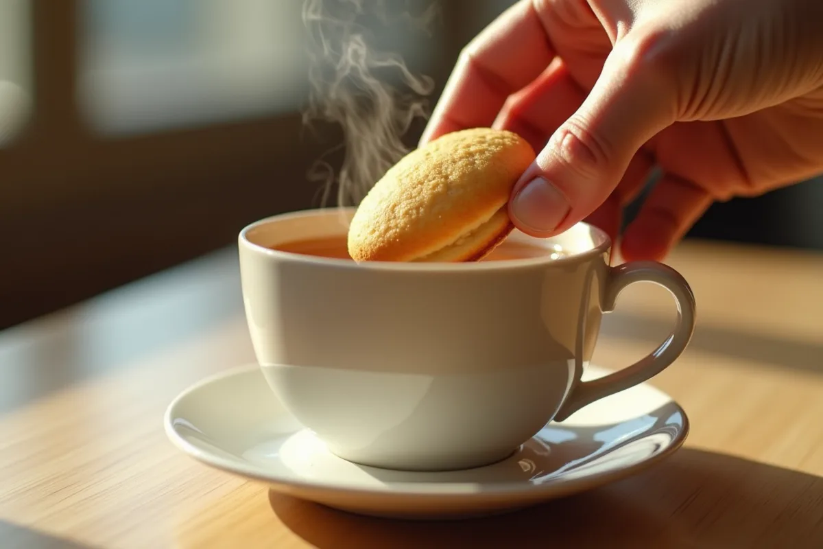 Main trempant une madeleine dans une tasse de thé chaud