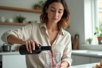Femme versant du vin rouge dans un verre doseur transparent affichant la mesure 20cl sur un plan de travail en marbre blanc dans une cuisine moderne