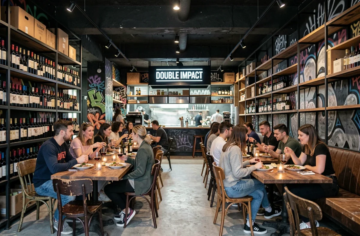 Intérieur urbain et éclectique du restaurant Double Impact avec murs en béton, fresques murales et convives partageant des assiettes dans une ambiance branchée