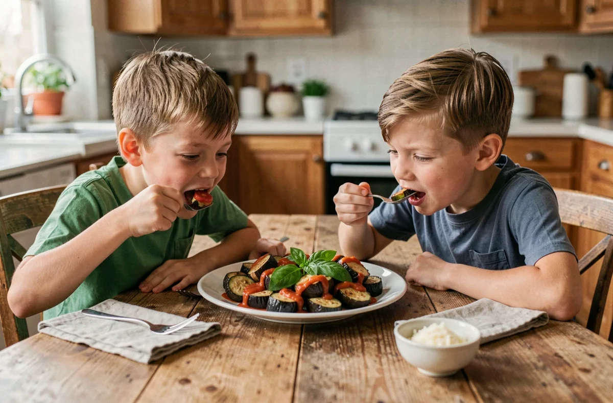 Deux enfants goûtant avec appétit des aubergines rôties à la sauce tomate et au basilic lors d'un repas en famille