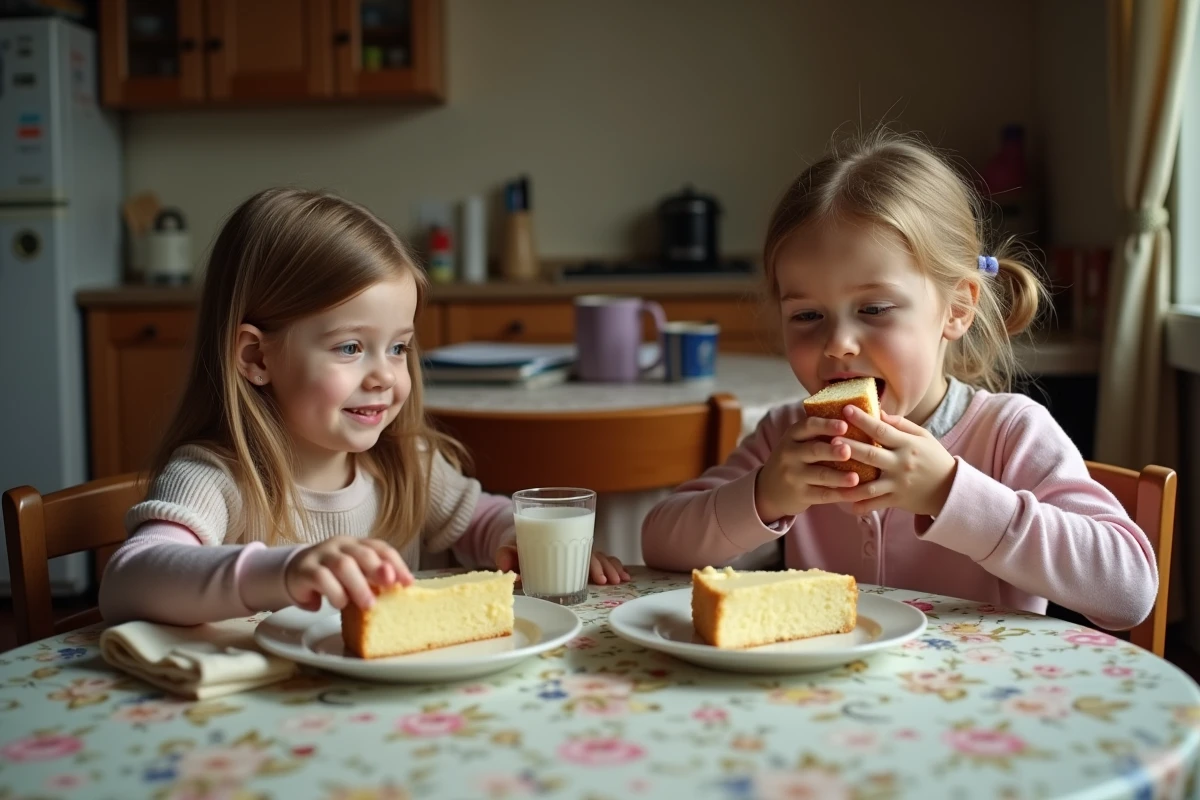 Enfants dégustant des tranches de gâteau au yaourt moelleux au goûter après l'école autour d'une table familiale