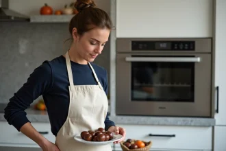 Femme plaçant des châtaignes fraîches sur une assiette avant de les cuire au micro-ondes dans une cuisine moderne