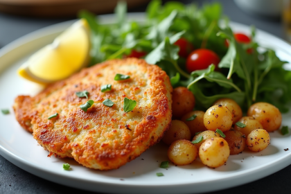 Escalope milanaise dorée servie avec salade et pommes de terre