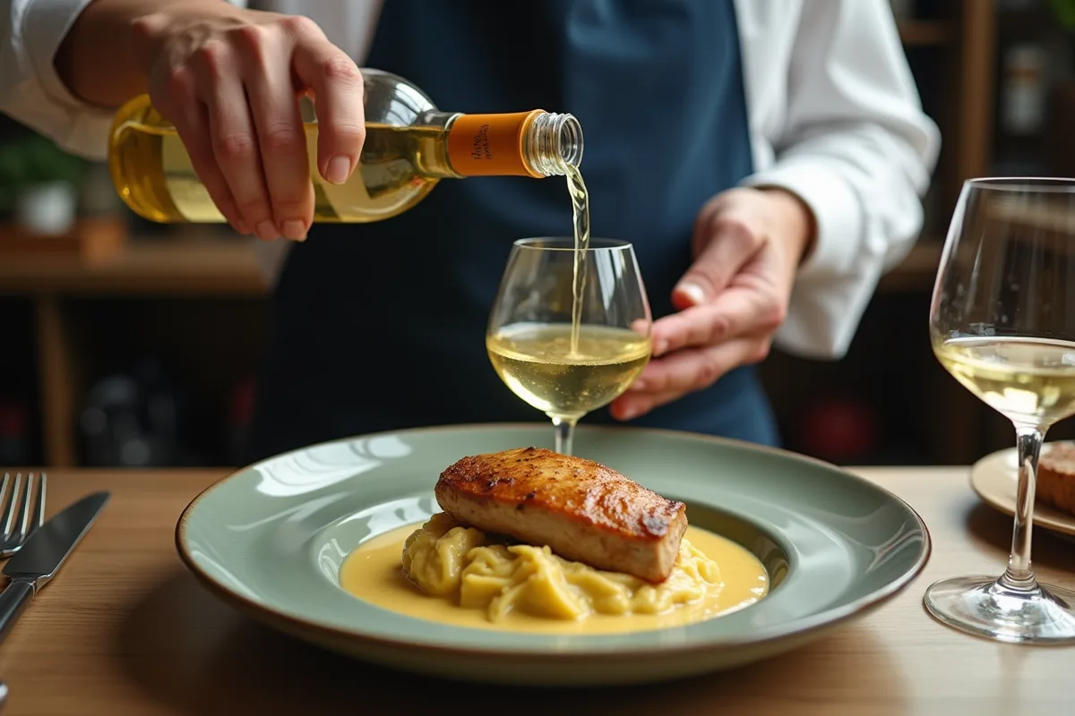 Sommelier versant du vin blanc sur un plat de lapin à la moutarde