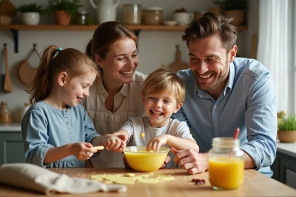 Famille souriante préparant mayonnaise dans la cuisine