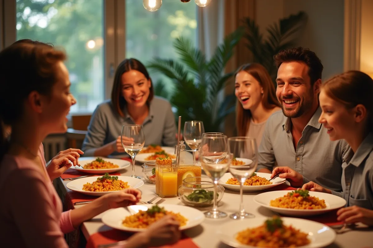 Famille souriante autour d un dîner de risotto au chorizo