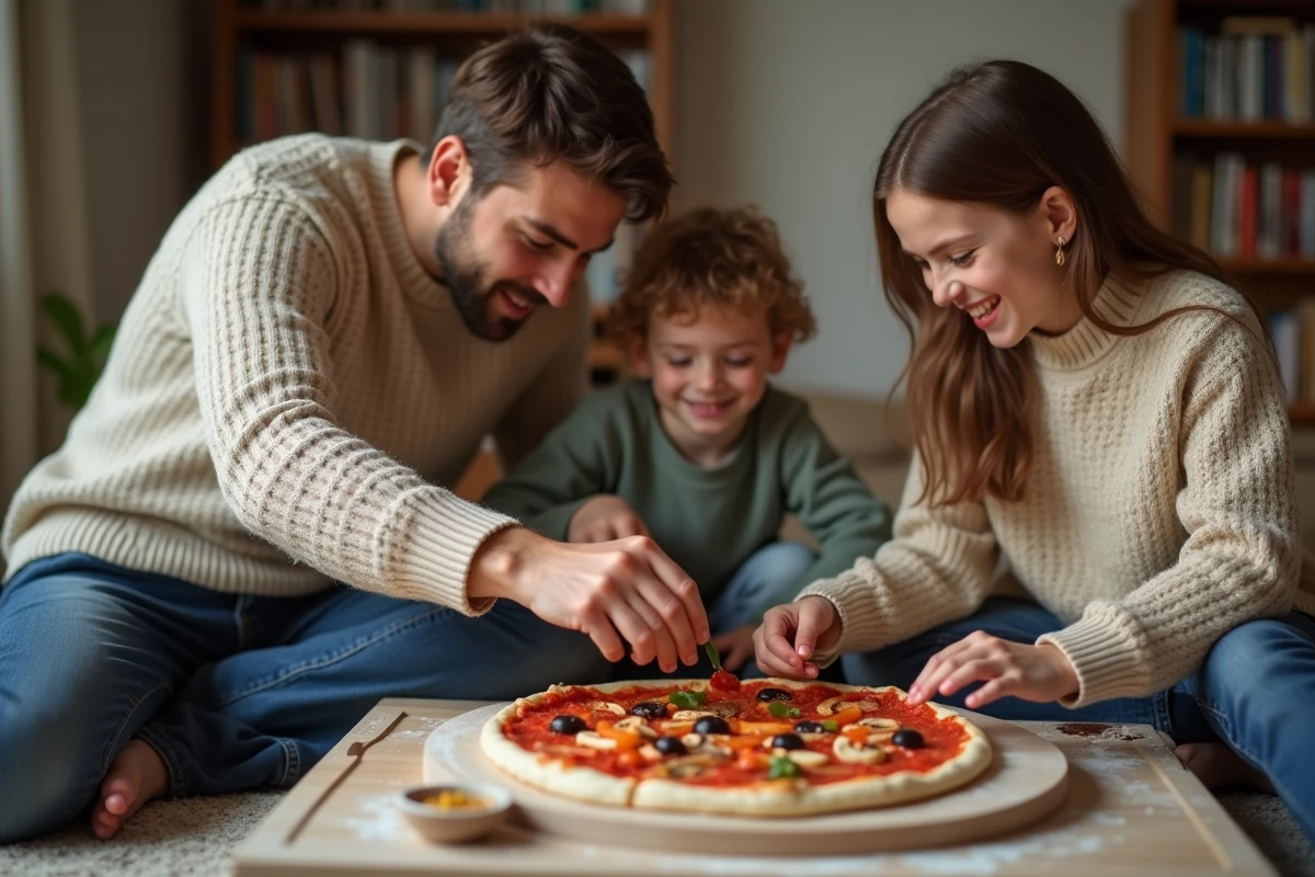Famille avec enfants préparant une pizza dans le salon