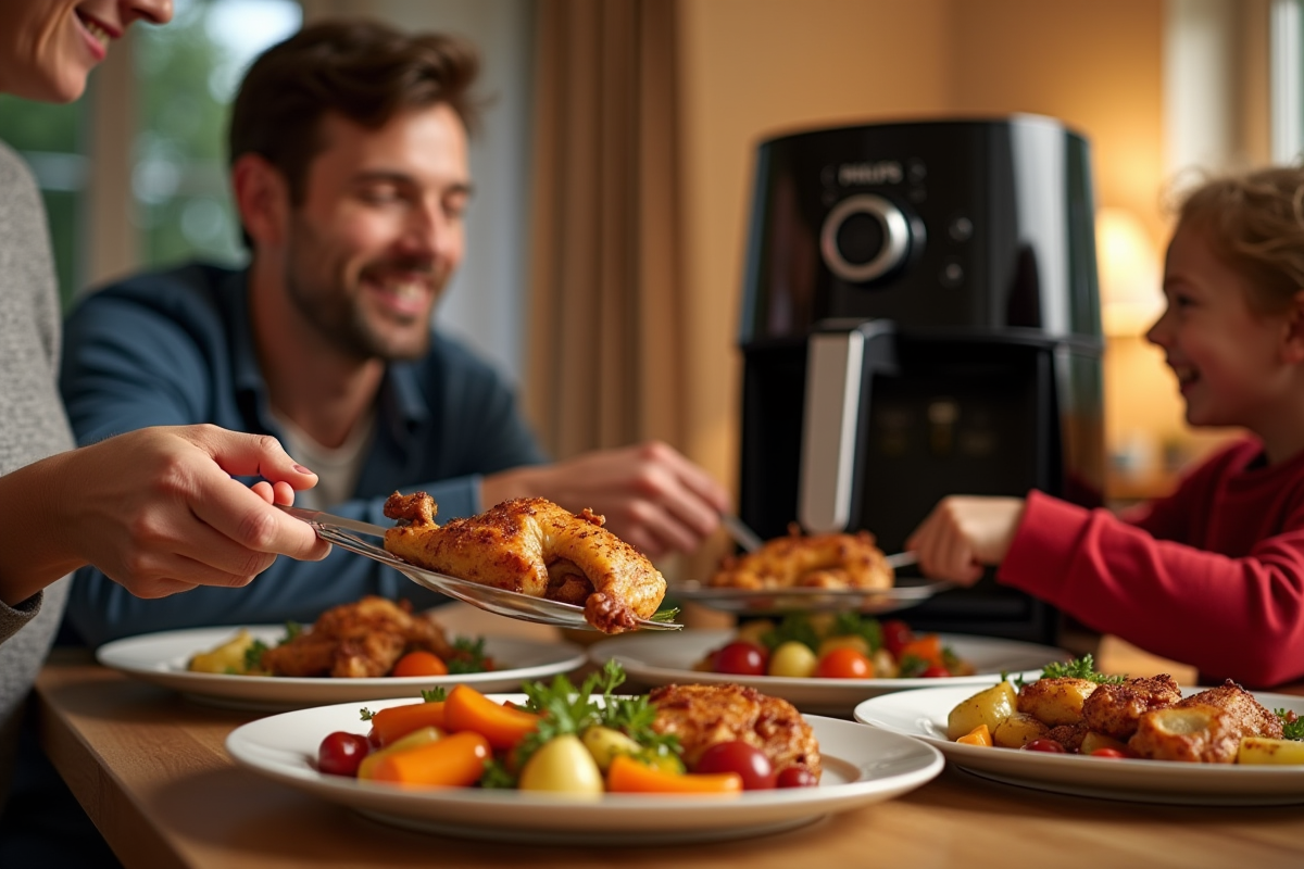 Famille heureuse servant repas sain avec airfryer