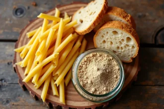 Pâtes, pain artisanal et biscuits dorés posés à côté d'un bocal de farine d'insectes sur une planche en bois rustique