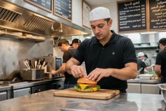 Employé d'un fast-food halal assemblant un burger gourmet derrière le comptoir d'un restaurant animé