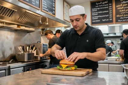 Employé d'un fast-food halal assemblant un burger gourmet derrière le comptoir d'un restaurant animé