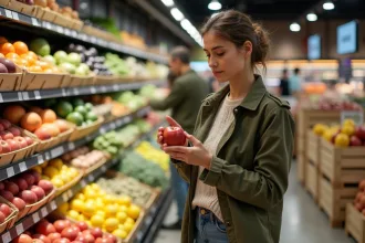 Femme regardant une pomme dans un supermarché bio