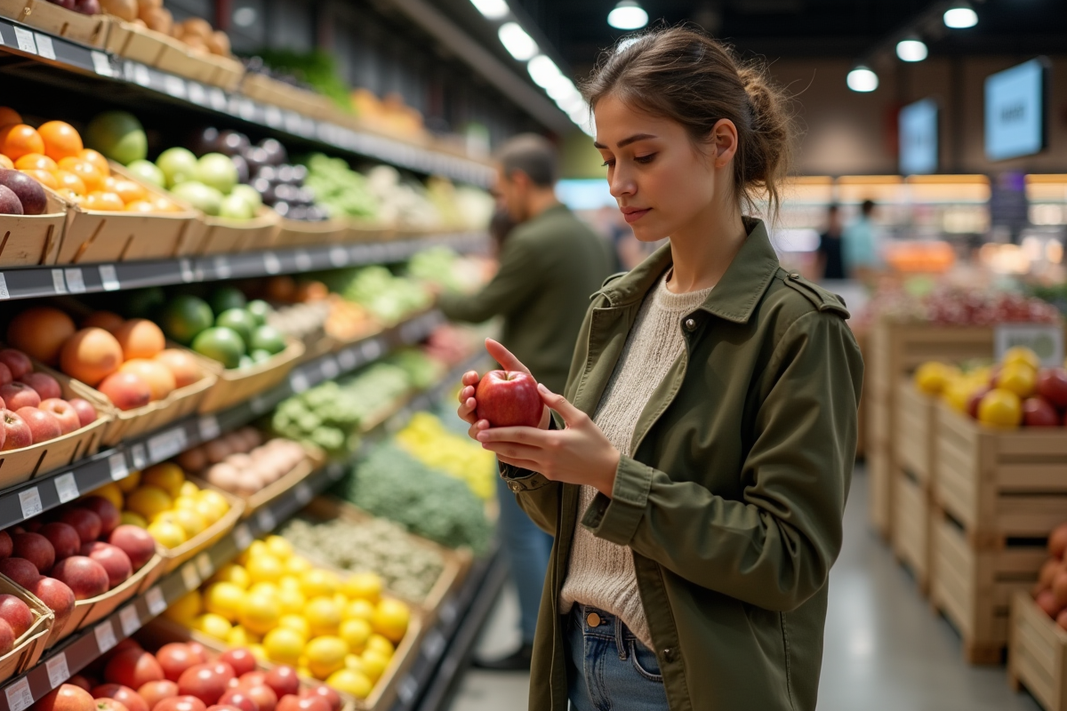 Femme regardant une pomme dans un supermarché bio