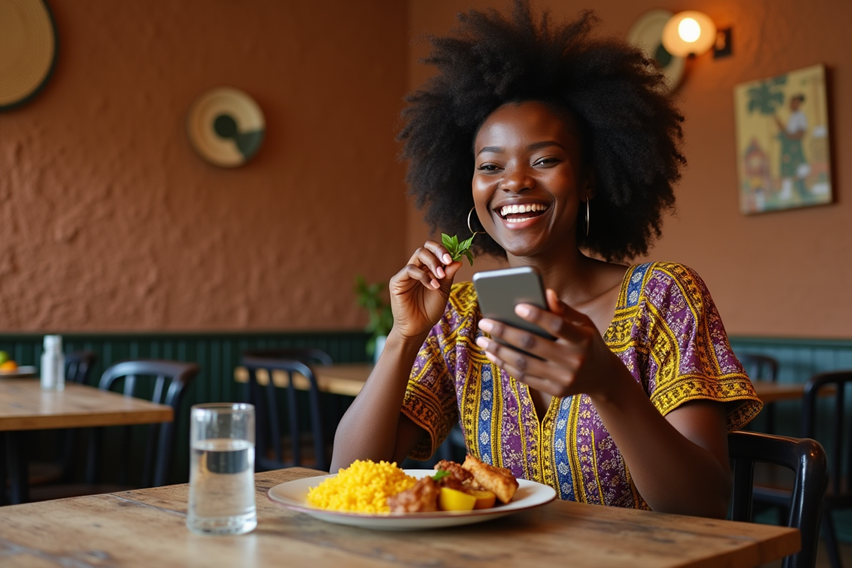 Jeune femme africaine dégustant un plat de jollof dans un restaurant