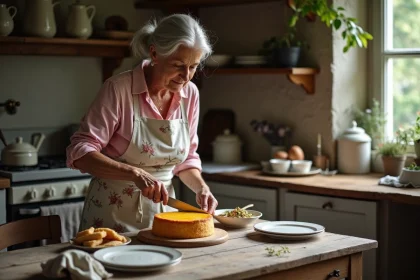 Femme âgée en tablier floral coupant un gâteau oeuf dans la cuisine
