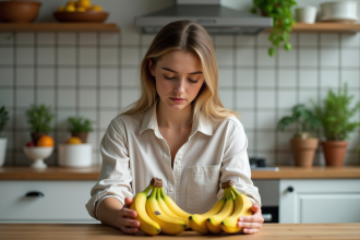 Femme examinant des bananes bio et conventionnelles dans une cuisine