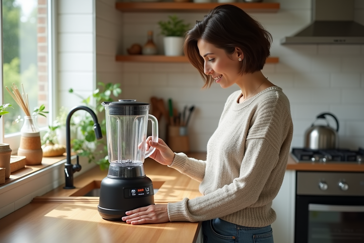 Femme d'âge moyen examinant un blender chauffant moderne dans la cuisine