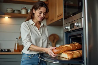 Femme en jeans et chemise en lin insérant une baguette dans un four moderne