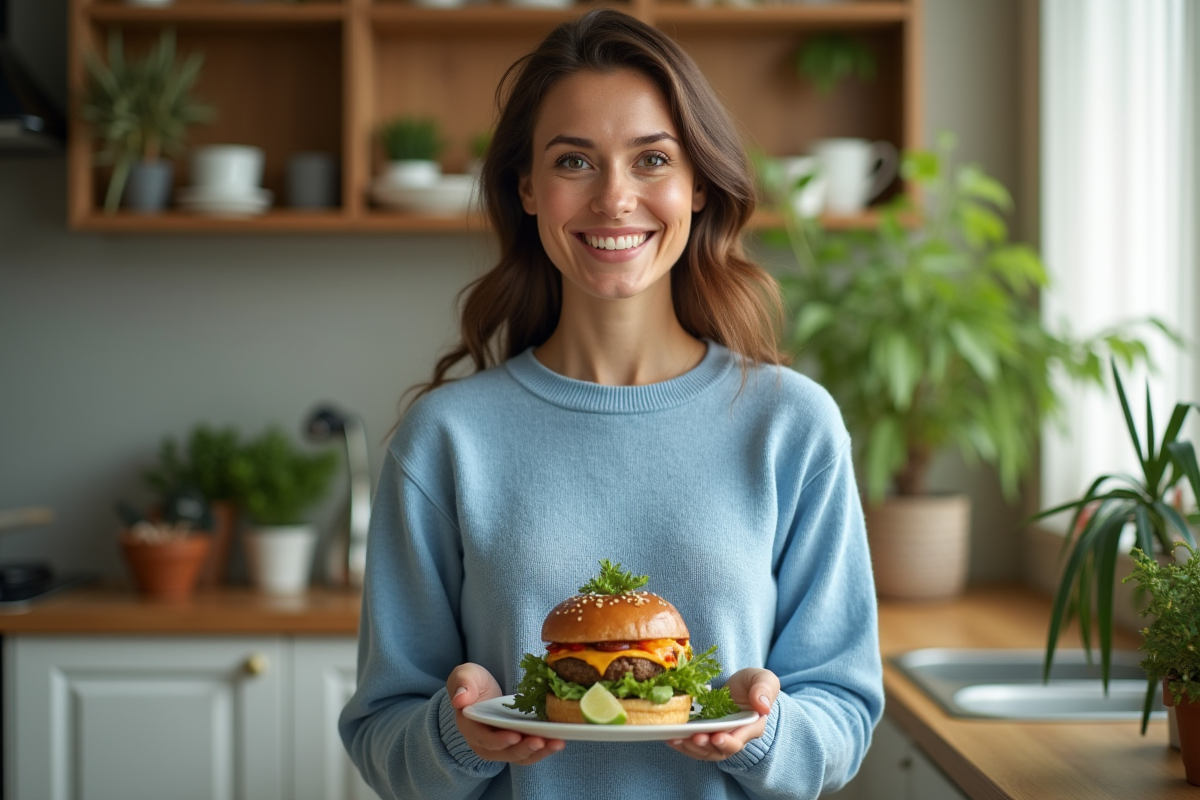 Femme souriante tenant un burger végétal dans une cuisine lumineuse