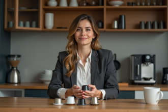 Femme tenant des capsules de café dans une cuisine moderne