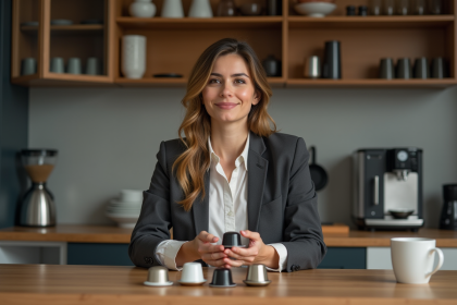 Femme tenant des capsules de café dans une cuisine moderne