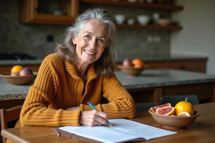 Femme souriante faisant un puzzle dans la cuisine automnale