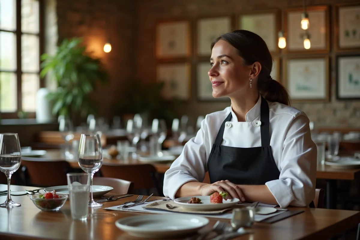 Femme chef assise dans une salle à manger ensoleillée et rustique