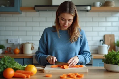 Femme en cuisine coupant des carottes fraîches
