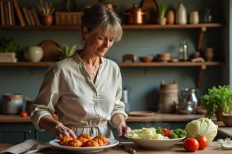 Femme préparant des choux farcis dans une cuisine rustique