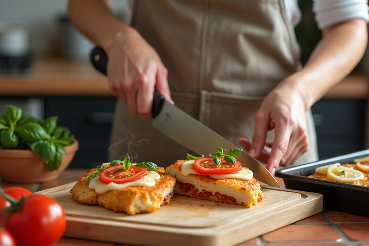 Femme en cuisine découpant une escalope de poulet au four italienne avec mozzarella fondue et basilic