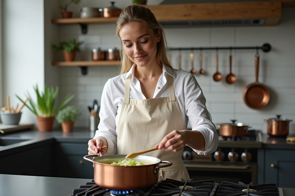 Jeune femme en tablier de lin remuant une fondue de poireaux dans une casserole en cuivre sur une cuisinière moderne dans une cuisine parisienne