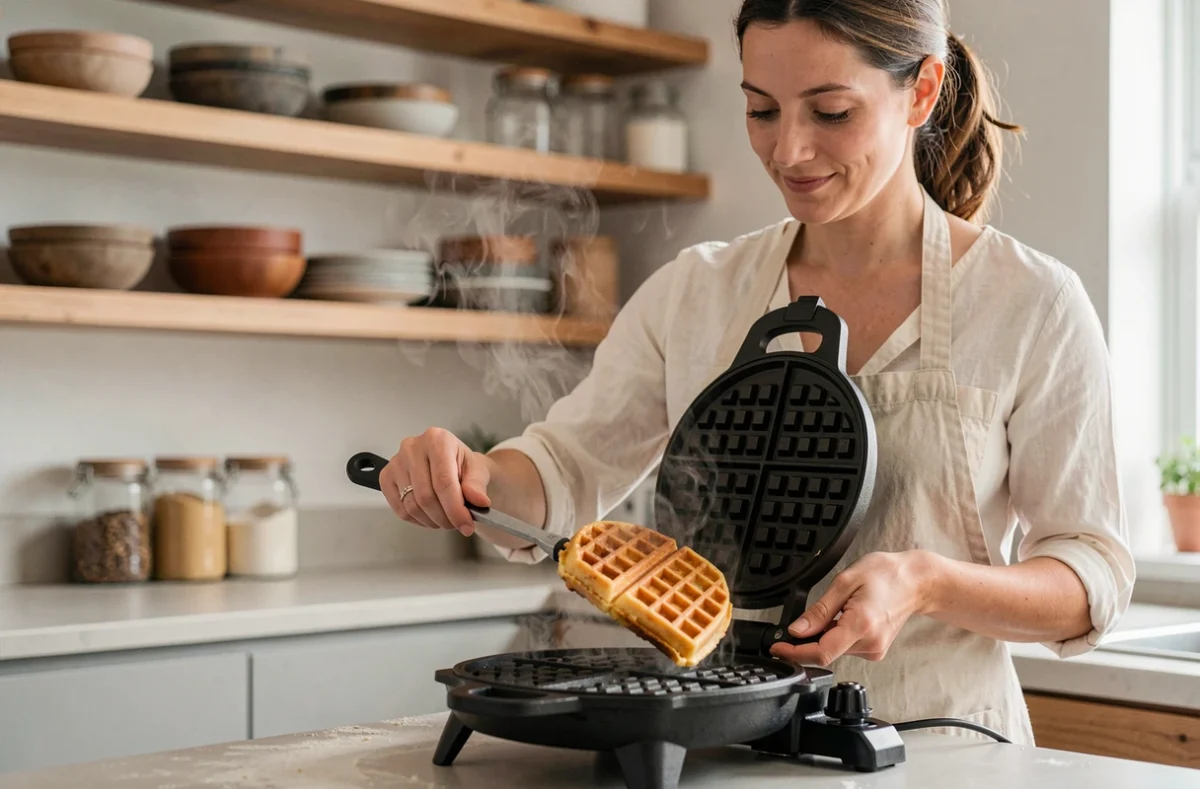 Femme retirant une gaufre dorée d'un gaufrier en fonte dans une cuisine moderne
