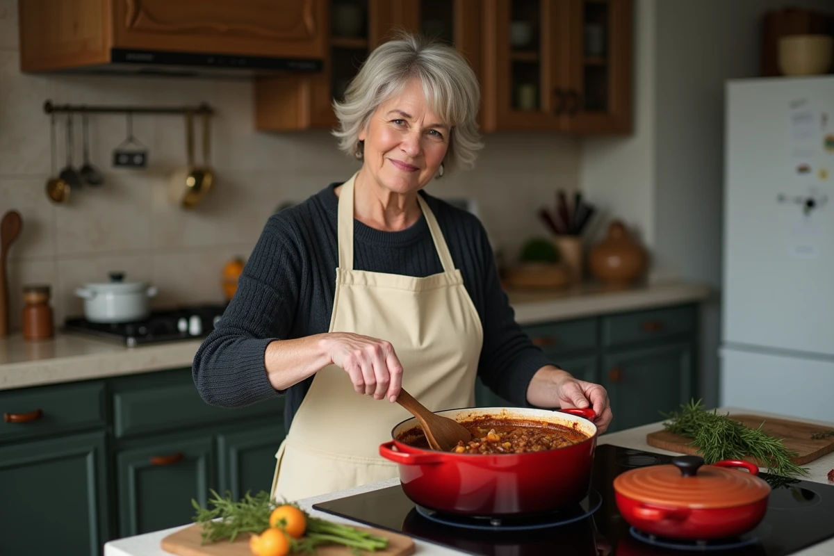 Femme cuisinant un goulash hongrois dans une cocotte en fonte sur la cuisinière dans une cuisine familiale