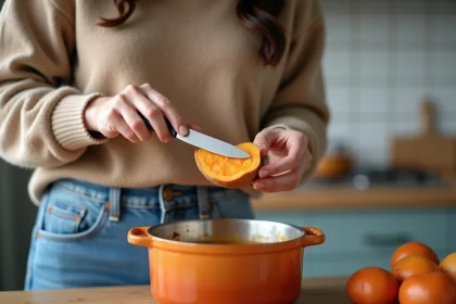 Femme testant une patate douce dans une cuisine chaleureuse