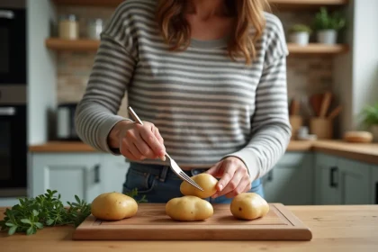 Femme en cuisine moderne piquant des pommes de terre crues
