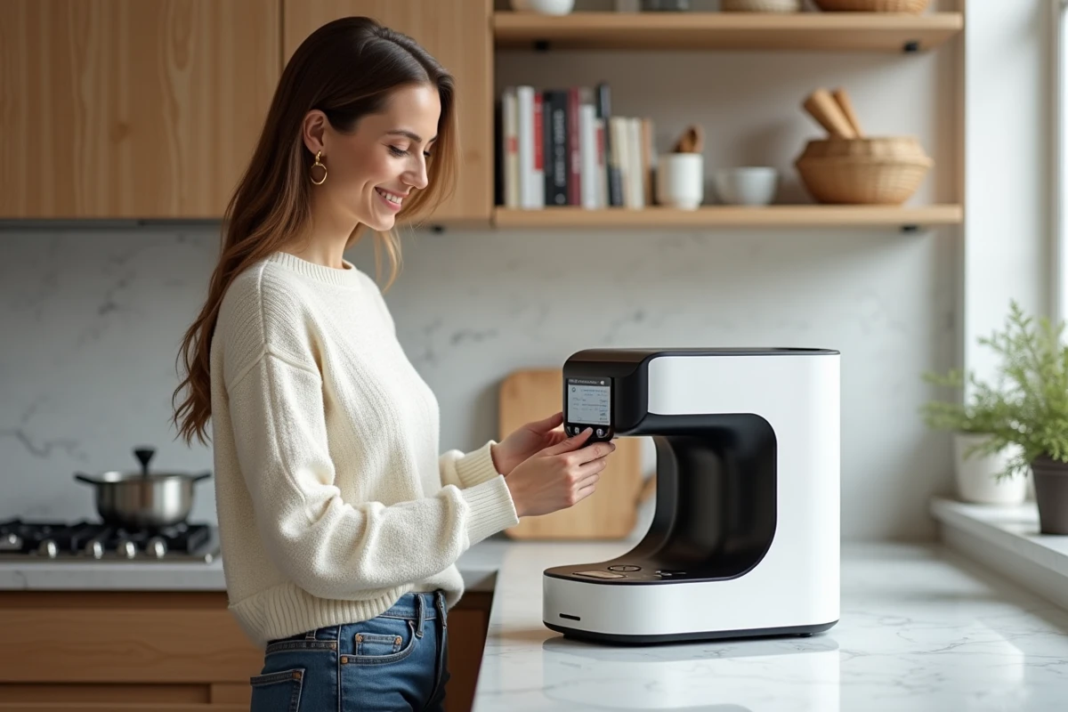 Jeune femme utilisant un robot de cuisine moderne dans une cuisine lumineuse