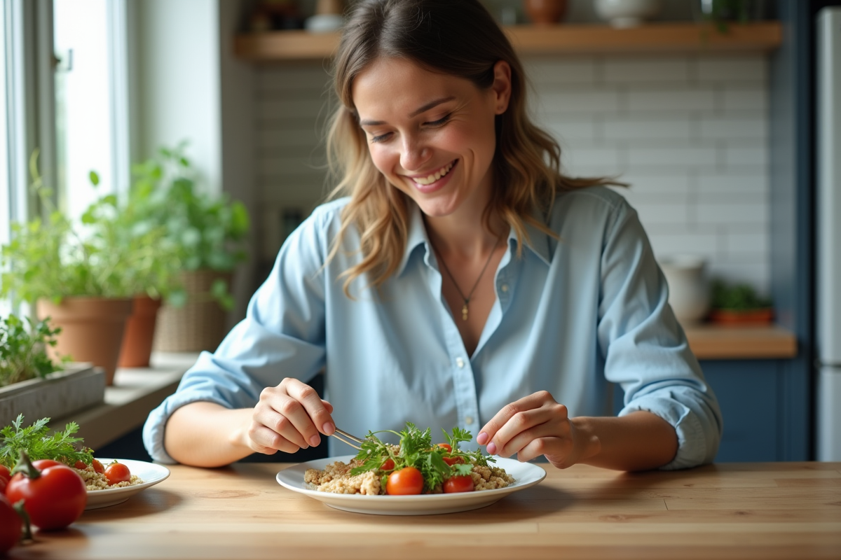 Femme souriante préparant un plat sain dans la cuisine