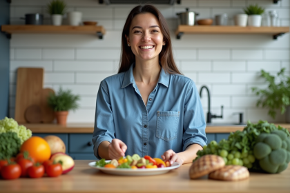 Femme souriante préparant un plat de légumes frais dans une cuisine moderne