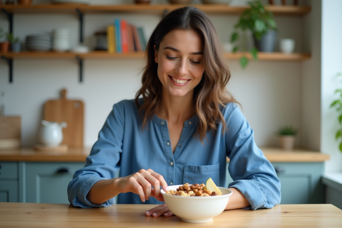 Femme souriante dans la cuisine avec snack sain