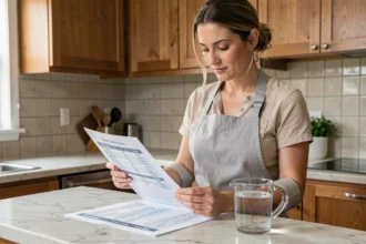 Femme en cuisine consultant un tableau de conversion millilitres en litres imprimé sur papier