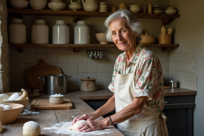 Femme âgée en cuisine rustique avec pâte à pain