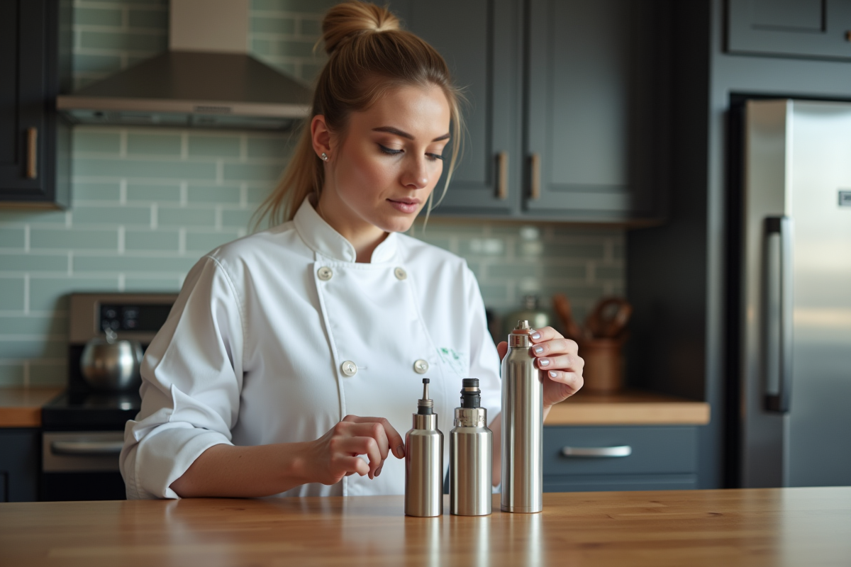 Femme en cuisine avec siphon à crème et cartouches